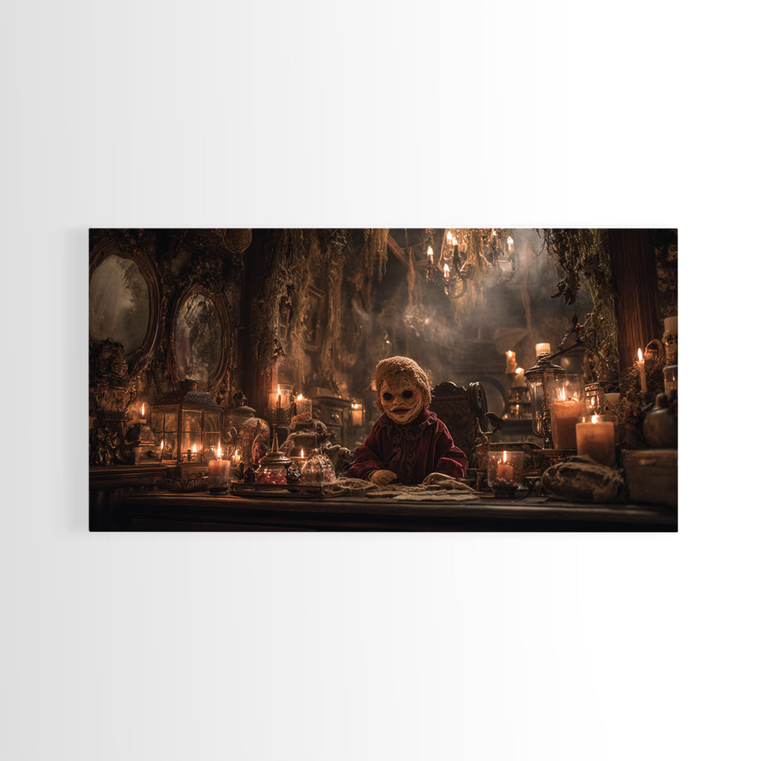 The Masked Candy Collector, Wide Panoramic Art, Dark Fantasy Wall Art, Canvas Print, Halloween Wall Decor, Gothic Home Decor
