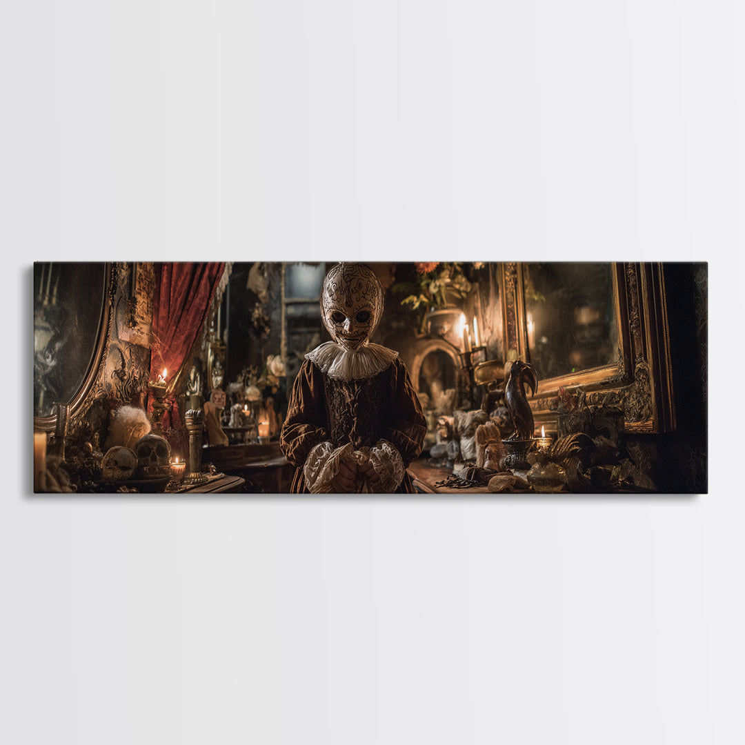 The Masked Candy Collector, Extra Wide Wall Art, Macabre Wall Art, Framed Canvas Print, Halloween Wall Decor, Gothic Home Decor