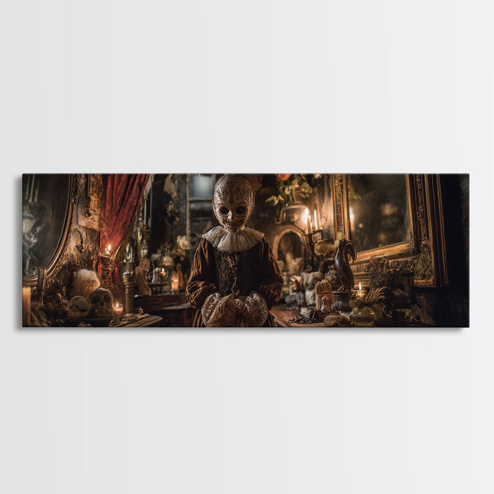 The Masked Candy Collector, Extra Wide Wall Art, Macabre Wall Art, Framed Canvas Print, Halloween Wall Decor, Gothic Home Decor