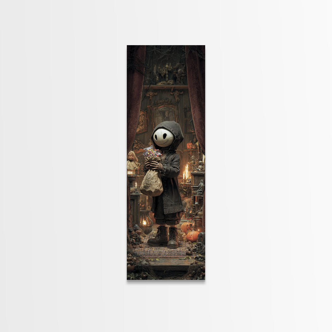 The Masked Candy Collector, Tall Narrow Wall Art, Spooky Home Decor, Canvas Print, Halloween Wall Decor, Gothic Home Decor, Horror Wall Art