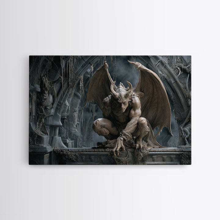 The Gargoyle Sentinel, Landscape Wall Art, Spooky Home Decor, Canvas Print, Halloween Wall Decor, Gothic Home Decor, Halloween Wall Art