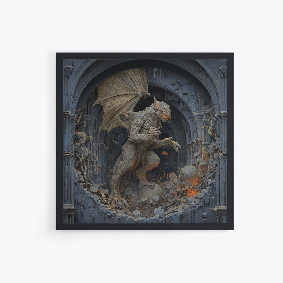 The Gargoyle Sentinel, Square Wall Art, Haunted Gothic Art, Framed Canvas Print, Halloween Wall Decor, Gothic Home Decor, Statement Wall Art