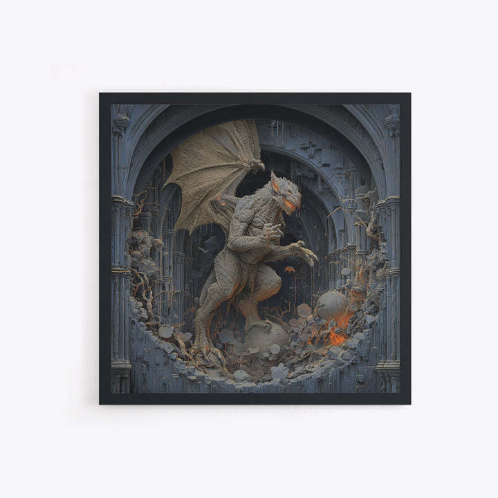 The Gargoyle Sentinel, Square Wall Art, Haunted Gothic Art, Framed Canvas Print, Halloween Wall Decor, Gothic Home Decor, Statement Wall Art