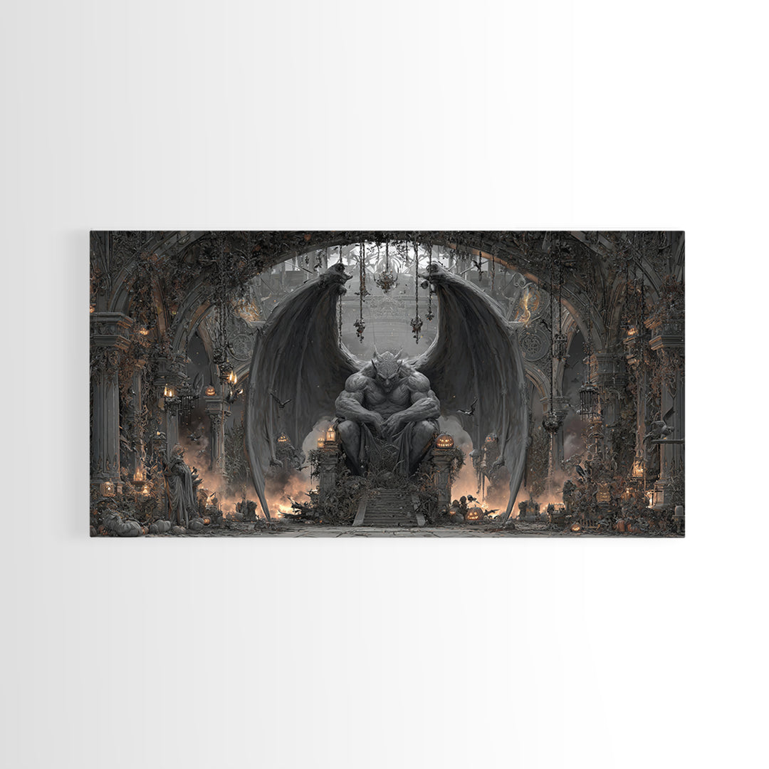 The Gargoyle Sentinel, Wide Panoramic Art, Gothic Horror Wall Art, Framed Canvas Print, Halloween Wall Decor, Gothic Home Decor