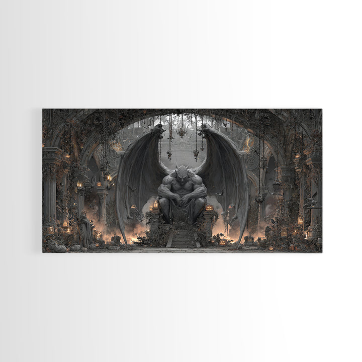 The Gargoyle Sentinel, Wide Panoramic Art, Gothic Horror Wall Art, Framed Canvas Print, Halloween Wall Decor, Gothic Home Decor