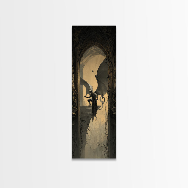 The Gargoyle Sentinel, Tall Narrow Wall Art, Dark Halloween Decor, Canvas Print, Halloween Wall Decor, Gothic Home Decor, Dark Fantasy Art