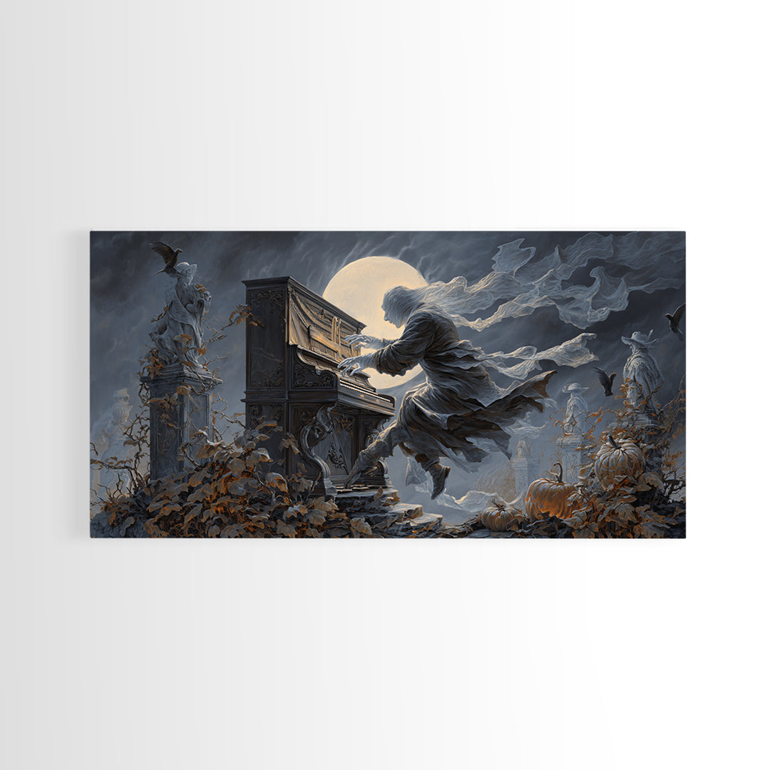 The Phantom Organist, Wide Panoramic Art, Haunted Gothic Art, Framed Canvas Print, Halloween Wall Decor, Gothic Home Decor