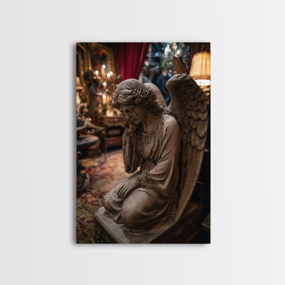 The Weeping Cemetery Angel, Vertical Wall Art, Haunted Gothic Art, Framed Canvas Print, Halloween Wall Decor, Gothic Home Decor