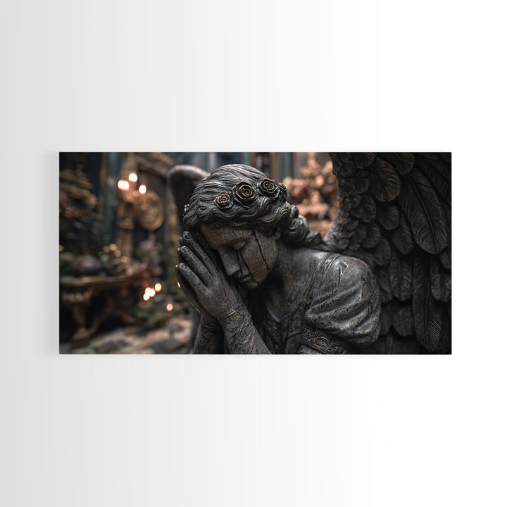 The Weeping Cemetery Angel, Wide Panoramic Art, Dark Fantasy Wall Art, Canvas Print, Halloween Wall Decor, Gothic Home Decor