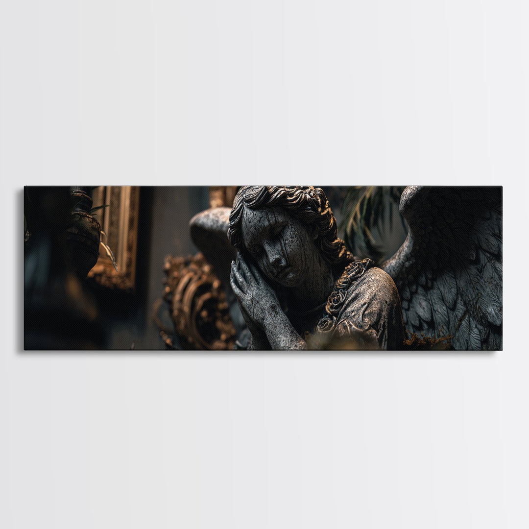 The Weeping Cemetery Angel, Extra Wide Wall Art, Macabre Wall Art, Framed Canvas Print, Halloween Wall Decor, Gothic Home Decor