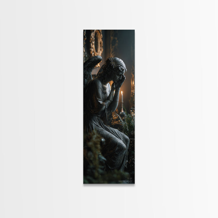 The Weeping Cemetery Angel, Tall Narrow Wall Art, Dark Halloween Decor, Canvas Print, Halloween Wall Decor, Gothic Home Decor