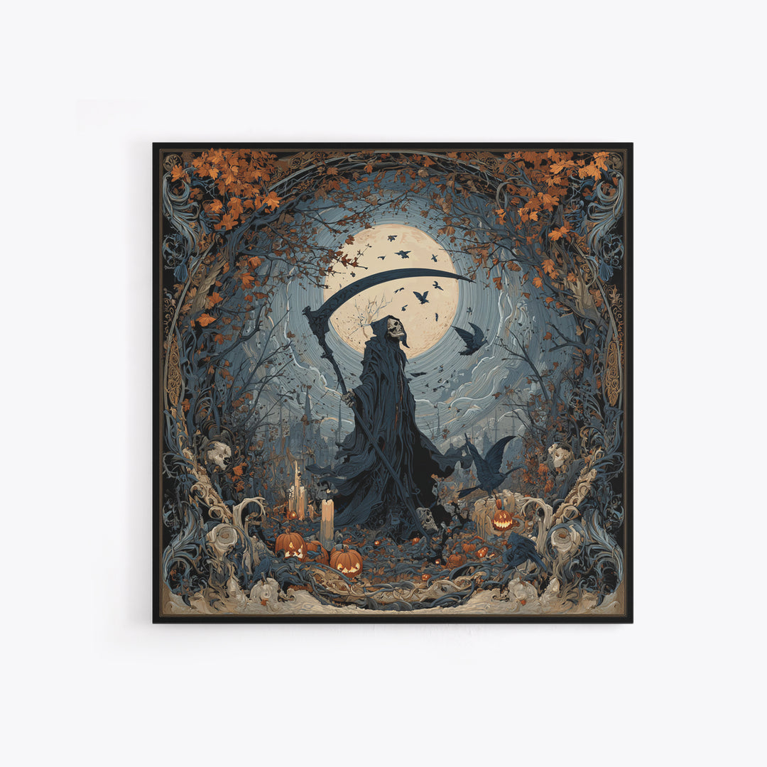 The Fog-Bound Reaper, Square Wall Art, Macabre Wall Art, Framed Canvas Print, Halloween Wall Decor, Gothic Home Decor, Horror Wall Art