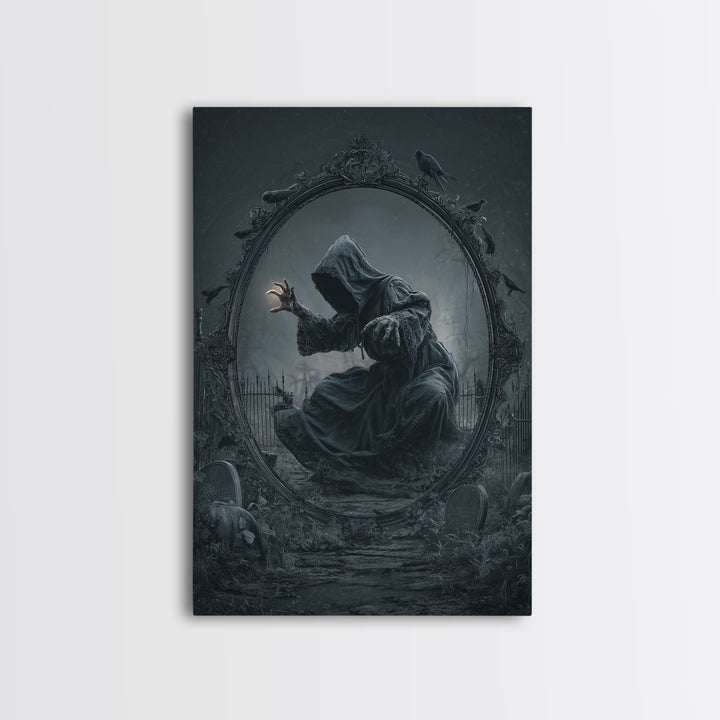 The Mirror Spirit, Vertical Wall Art, Gothic Horror Wall Art, Framed Canvas Print, Halloween Wall Decor, Gothic Home Decor, Macabre Wall Art