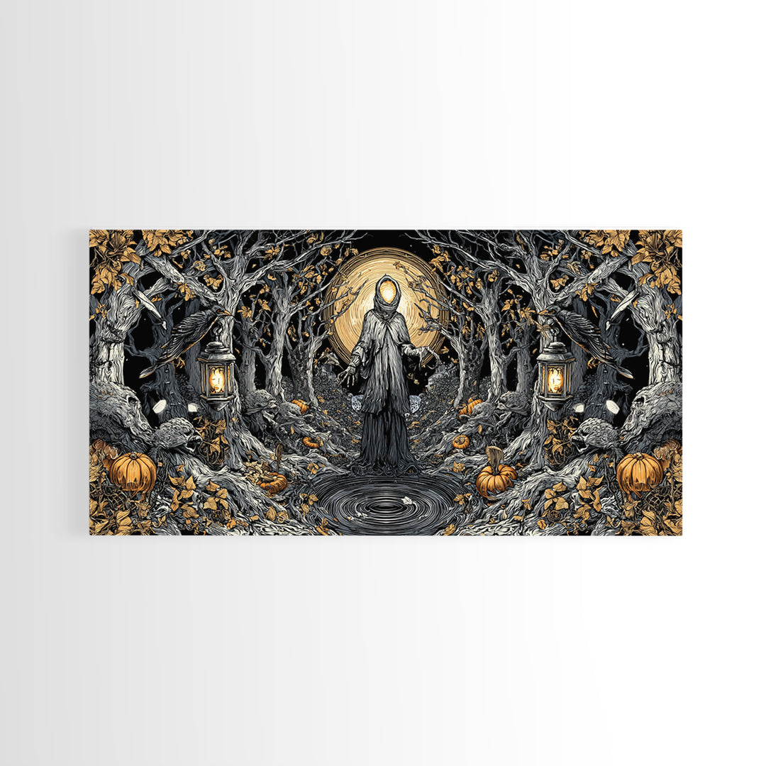 The Lantern Specter, Wide Panoramic Art, Gothic Horror Wall Art, Framed Canvas Print, Halloween Wall Decor, Gothic Home Decor