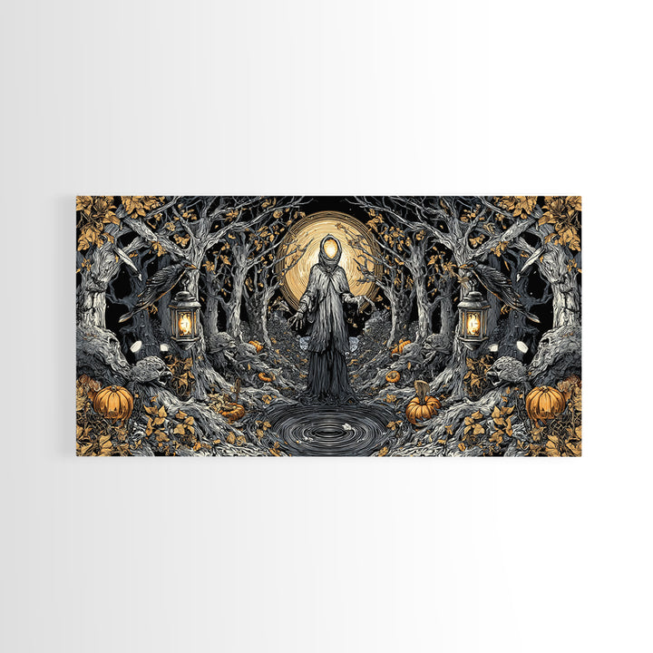 The Lantern Specter, Wide Panoramic Art, Gothic Horror Wall Art, Framed Canvas Print, Halloween Wall Decor, Gothic Home Decor