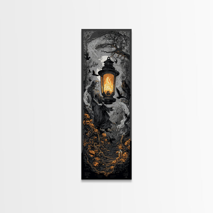 The Lantern Specter, Tall Narrow Wall Art, Haunted Gothic Art, Framed Canvas Print, Halloween Wall Decor, Gothic Home Decor