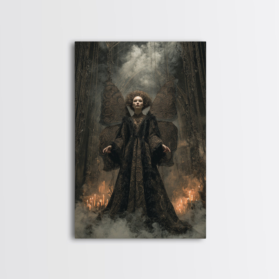 The Velvet Moth Witch, Vertical Wall Art, Macabre Wall Art, Framed Canvas Print, Halloween Wall Decor, Gothic Home Decor, Halloween Decor