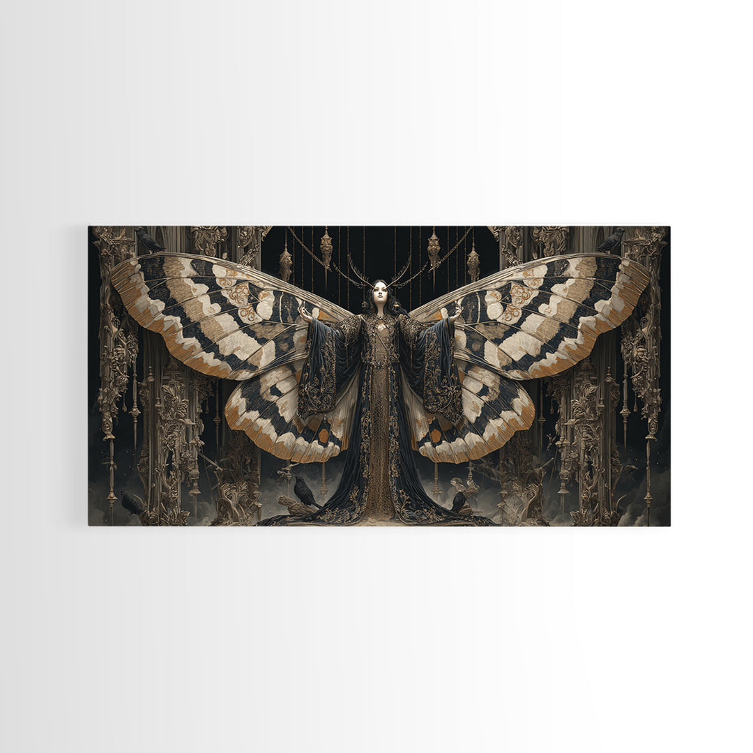 The Velvet Moth Witch, Wide Panoramic Art, Dark Halloween Decor, Canvas Print, Halloween Wall Decor, Gothic Home Decor, Halloween Wall Art