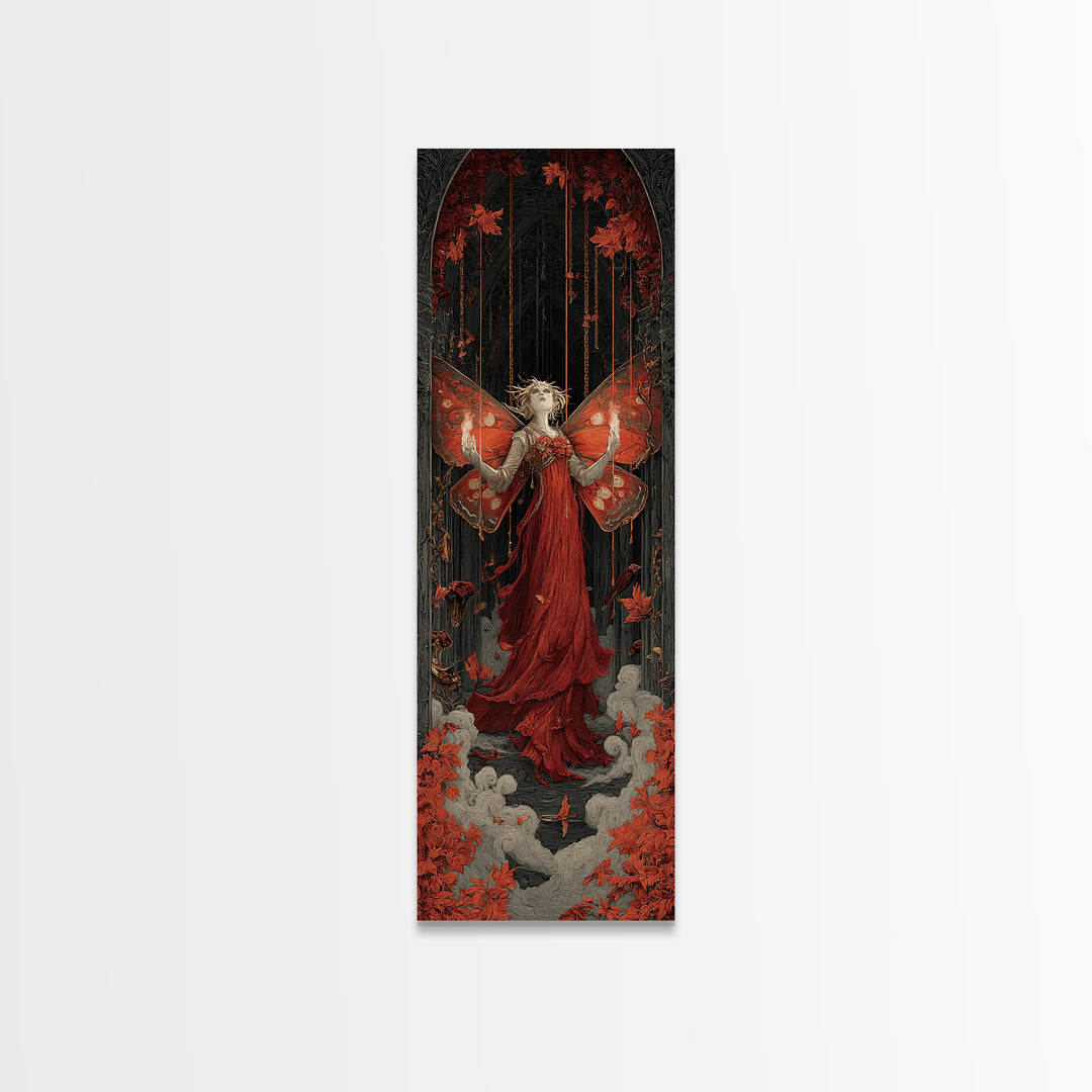 The Velvet Moth Witch, Tall Narrow Wall Art, Macabre Wall Art, Framed Canvas Print, Halloween Wall Decor, Gothic Home Decor