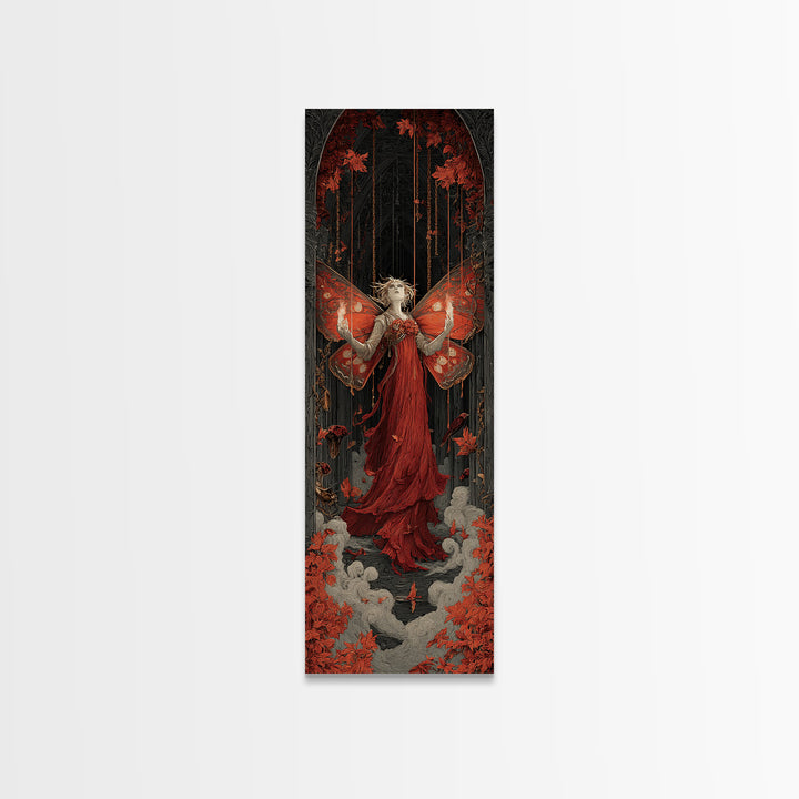 The Velvet Moth Witch, Tall Narrow Wall Art, Macabre Wall Art, Framed Canvas Print, Halloween Wall Decor, Gothic Home Decor