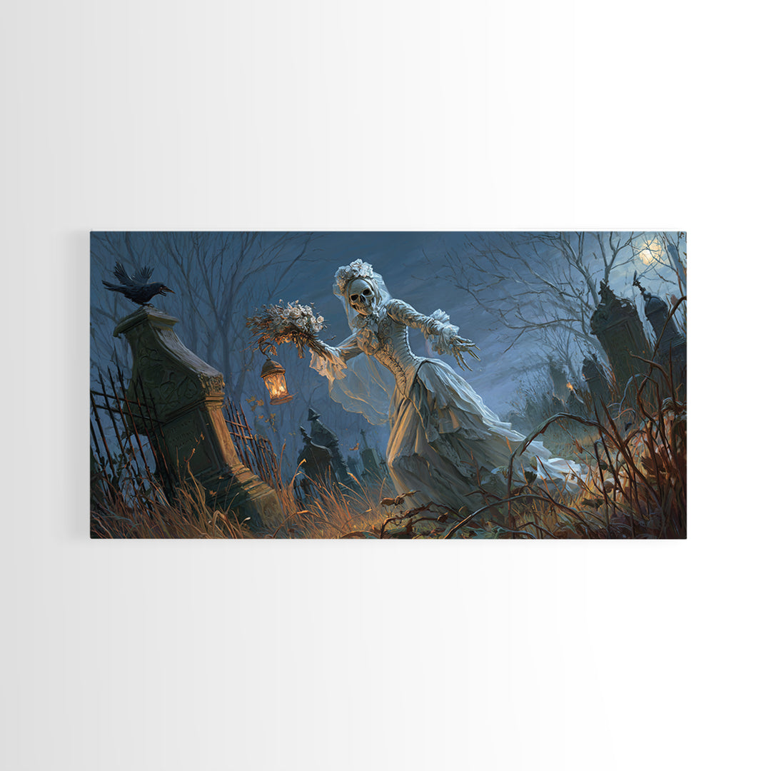 The Ghostly Groom, Wide Panoramic Art, Haunted Gothic Art, Framed Canvas Print, Halloween Wall Decor, Gothic Home Decor, Spooky Wall Decor