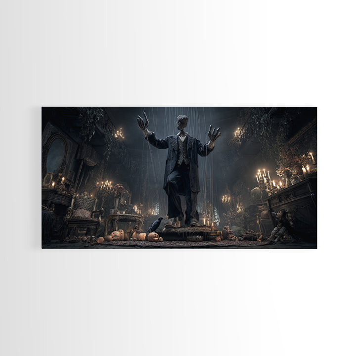 The Marionette Master, Wide Panoramic Art, Macabre Wall Art, Framed Canvas Print, Halloween Wall Decor, Gothic Home Decor, Spooky Wall Decor