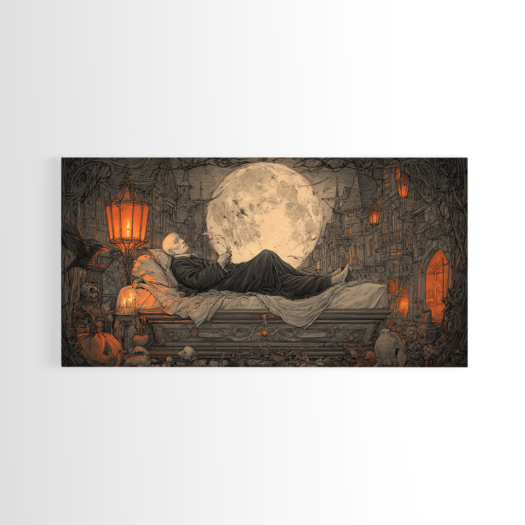 The Coffin Sleeper, Wide Panoramic Art, Dark Halloween Decor, Canvas Print, Halloween Wall Decor, Gothic Home Decor, Statement Wall Art