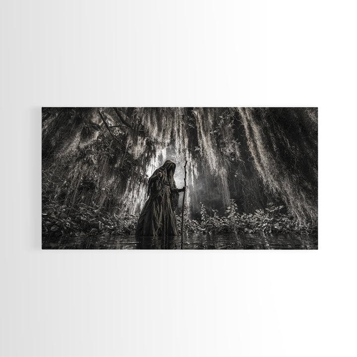 The Swamp Witch, Wide Panoramic Art, Gothic Horror Wall Art, Framed Canvas Print, Halloween Wall Decor, Gothic Home Decor