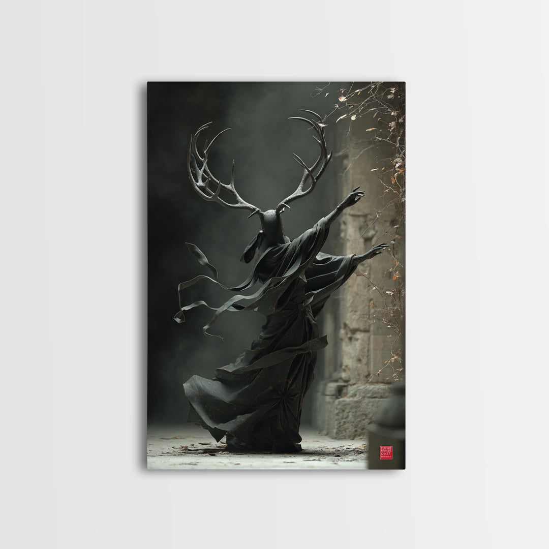 The Antlered Forest Spirit, Vertical Wall Art, Macabre Wall Art, Framed Canvas Print, Halloween Wall Decor, Gothic Home Decor