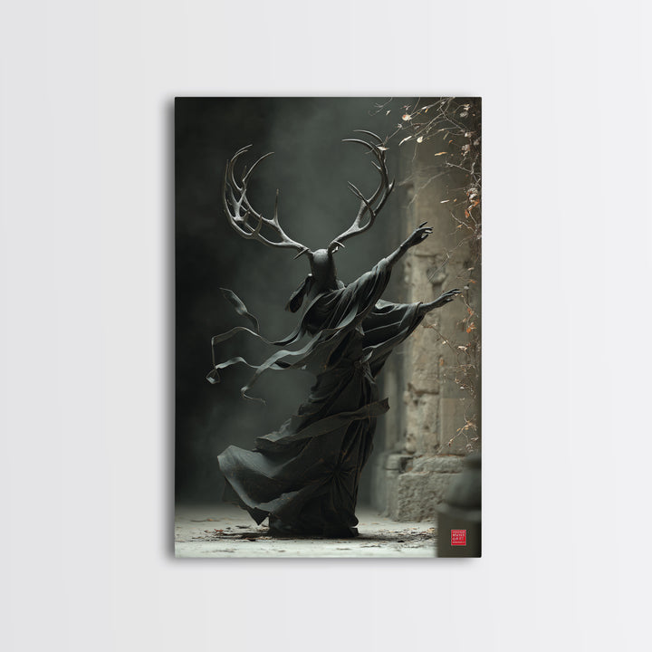 The Antlered Forest Spirit, Vertical Wall Art, Macabre Wall Art, Framed Canvas Print, Halloween Wall Decor, Gothic Home Decor