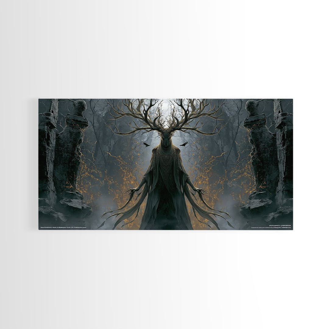 The Antlered Forest Spirit, Wide Panoramic Art, Gothic Horror Wall Art, Framed Canvas Print, Halloween Wall Decor, Gothic Home Decor