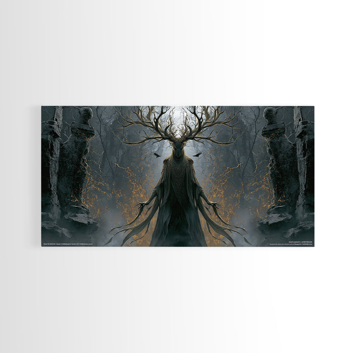 The Antlered Forest Spirit, Wide Panoramic Art, Gothic Horror Wall Art, Framed Canvas Print, Halloween Wall Decor, Gothic Home Decor