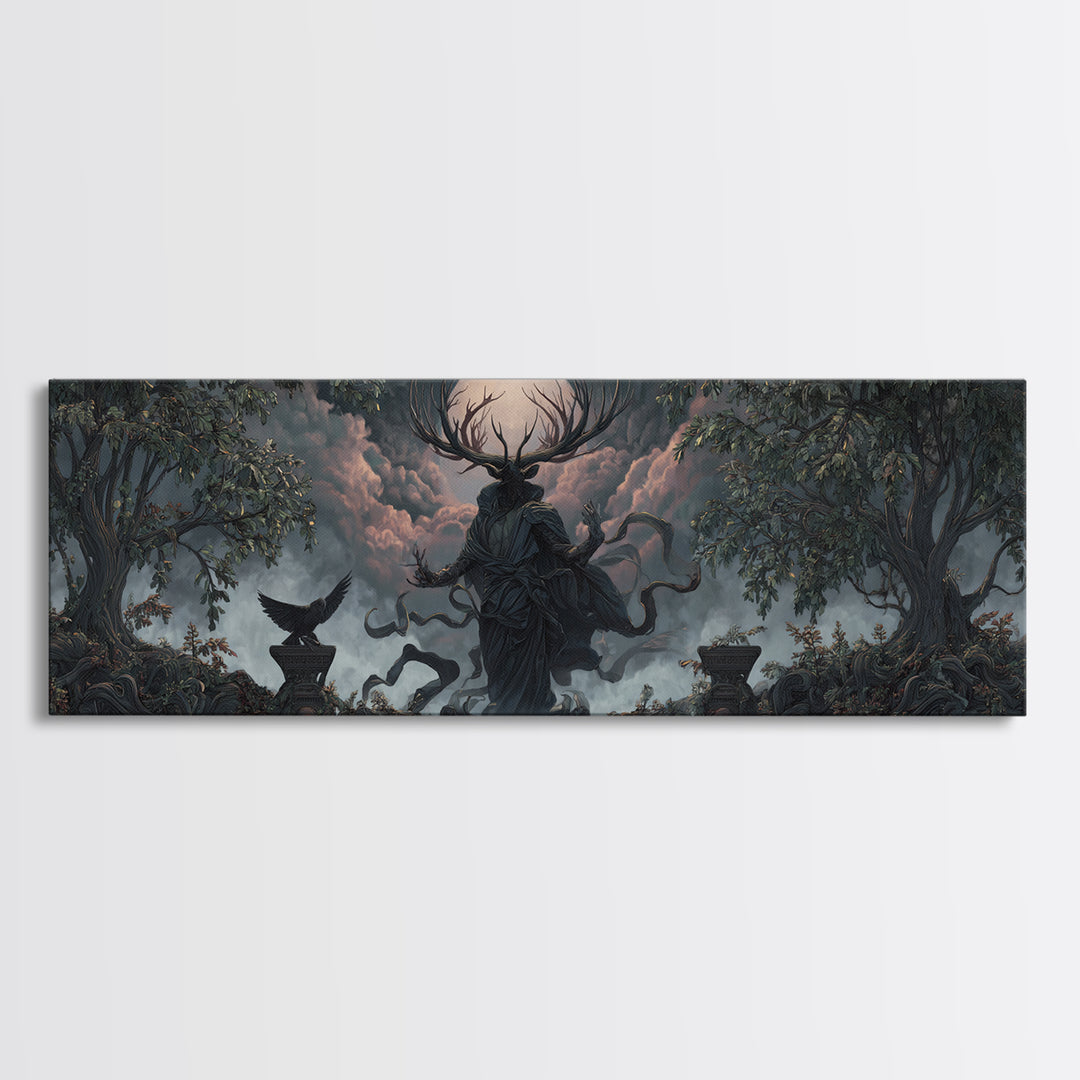 The Antlered Forest Spirit, Extra Wide Wall Art, Dark Fantasy Wall Art, Canvas Print, Halloween Wall Decor, Gothic Home Decor