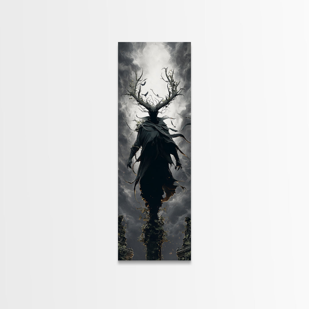 The Antlered Forest Spirit, Tall Narrow Wall Art, Macabre Wall Art, Framed Canvas Print, Halloween Wall Decor, Gothic Home Decor