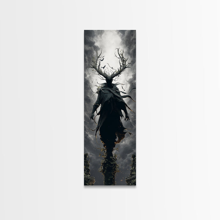 The Antlered Forest Spirit, Tall Narrow Wall Art, Macabre Wall Art, Framed Canvas Print, Halloween Wall Decor, Gothic Home Decor