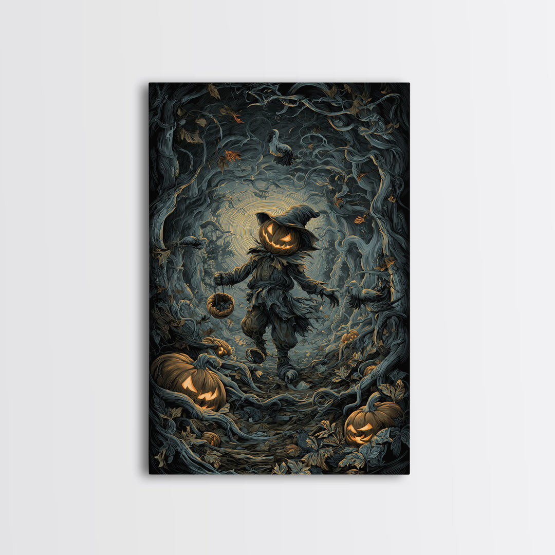 The Pumpkin Patch Goblin, Vertical Wall Art, Macabre Wall Art, Framed Canvas Print, Halloween Wall Decor, Gothic Home Decor