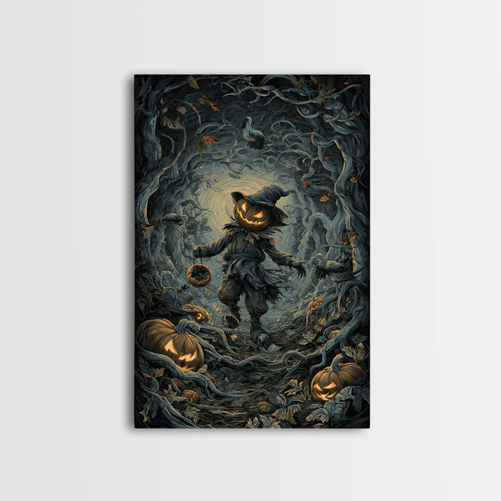 The Pumpkin Patch Goblin, Vertical Wall Art, Macabre Wall Art, Framed Canvas Print, Halloween Wall Decor, Gothic Home Decor