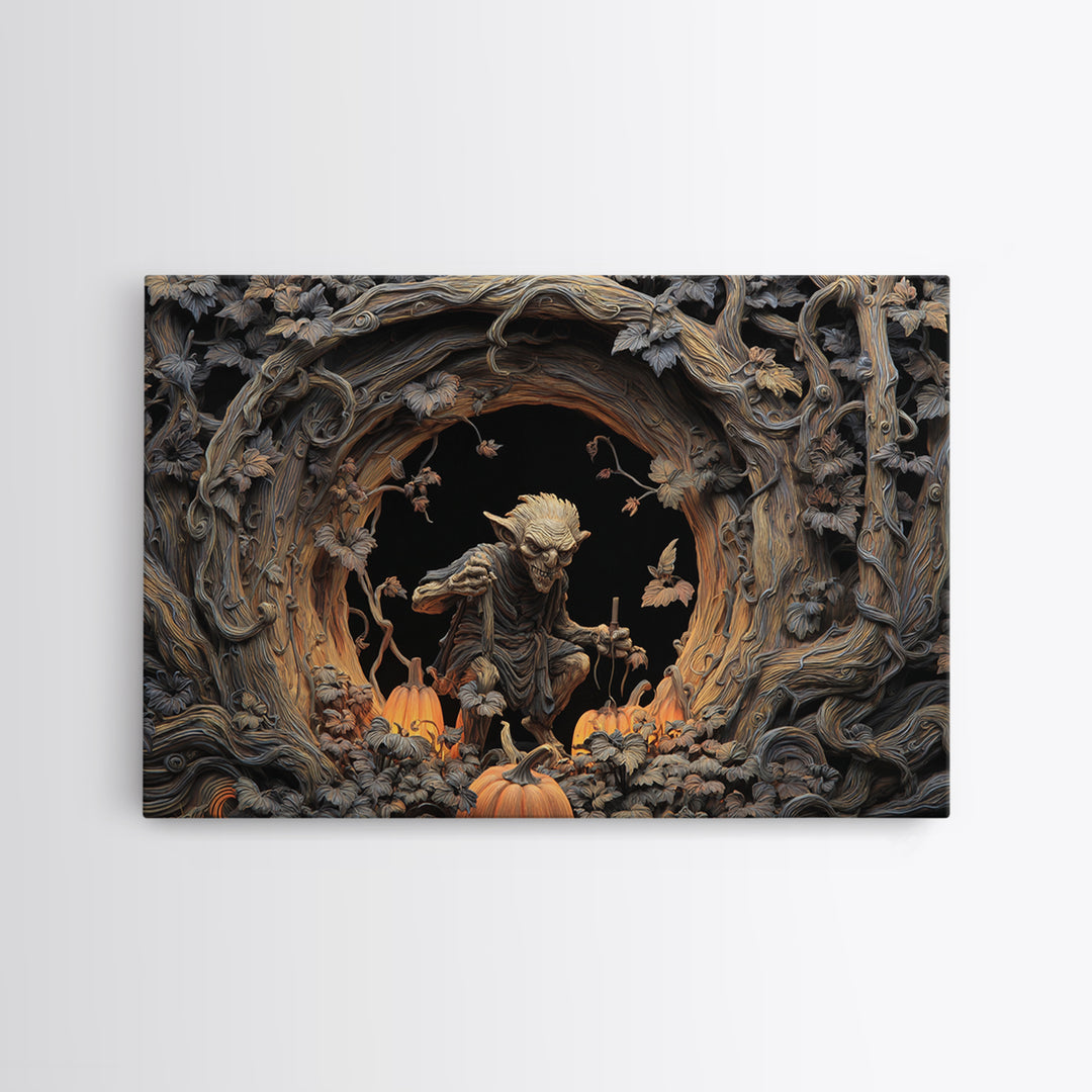The Pumpkin Patch Goblin, Landscape Wall Art, Dark Halloween Decor, Canvas Print, Halloween Wall Decor, Gothic Home Decor