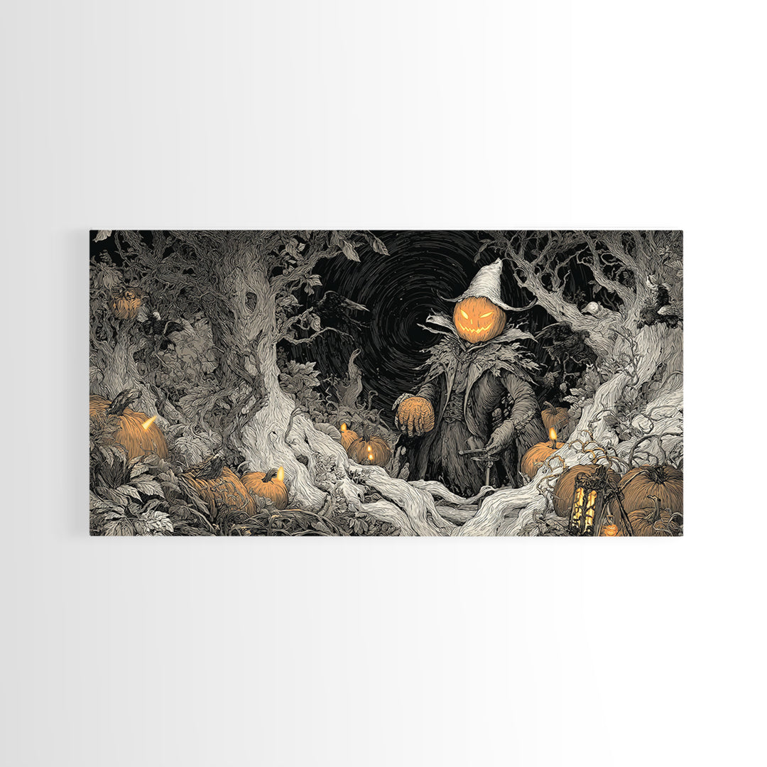 The Pumpkin Patch Goblin, Wide Panoramic Art, Spooky Home Decor, Canvas Print, Halloween Wall Decor, Gothic Home Decor, Spooky Wall Decor