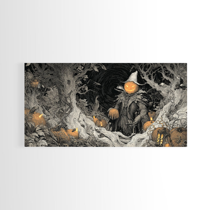 The Pumpkin Patch Goblin, Wide Panoramic Art, Spooky Home Decor, Canvas Print, Halloween Wall Decor, Gothic Home Decor, Spooky Wall Decor
