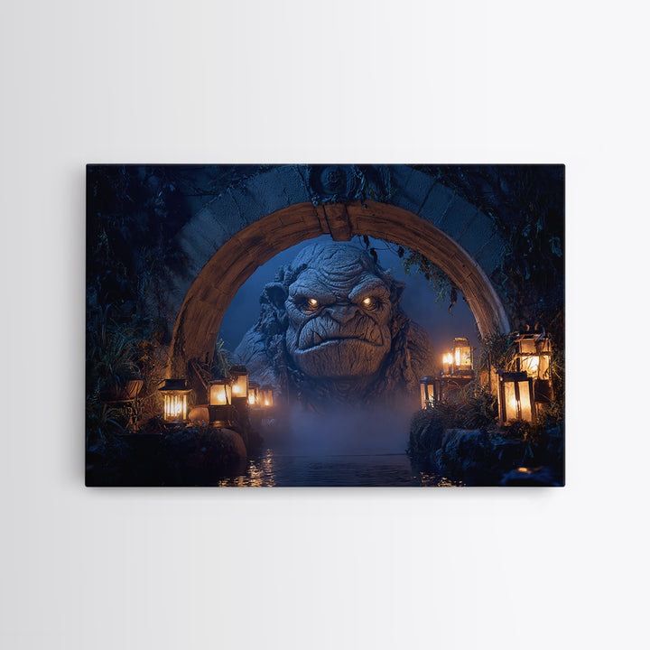 The Bridge Troll At Midnight, Landscape Wall Art, Gothic Horror Wall Art, Framed Canvas Print, Halloween Wall Decor, Gothic Home Decor