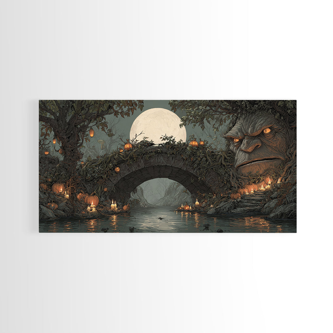 The Bridge Troll At Midnight, Wide Panoramic Art, Dark Fantasy Wall Art, Canvas Print, Halloween Wall Decor, Gothic Home Decor