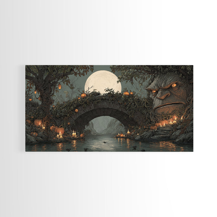 The Bridge Troll At Midnight, Wide Panoramic Art, Dark Fantasy Wall Art, Canvas Print, Halloween Wall Decor, Gothic Home Decor