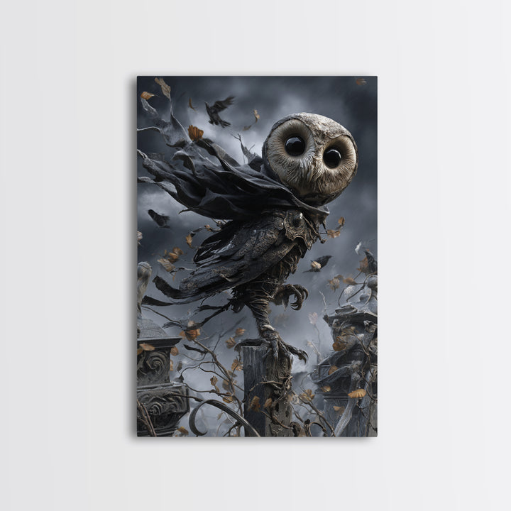 The Owl-Faced Omen, Vertical Wall Art, Spooky Home Decor, Canvas Print, Halloween Wall Decor, Gothic Home Decor, Macabre Wall Art