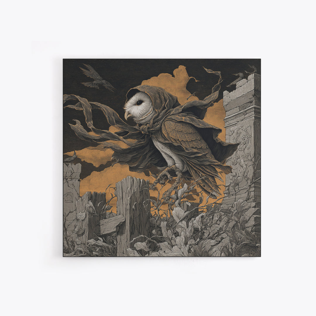 The Owl-Faced Omen, Square Wall Art, Gothic Horror Wall Art, Framed Canvas Print, Halloween Wall Decor, Gothic Home Decor, Spooky Wall Decor