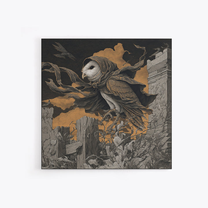 The Owl-Faced Omen, Square Wall Art, Gothic Horror Wall Art, Framed Canvas Print, Halloween Wall Decor, Gothic Home Decor, Spooky Wall Decor