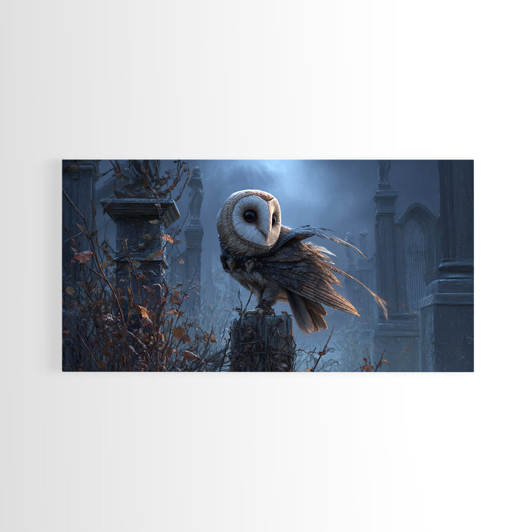 The Owl-Faced Omen, Wide Panoramic Art, Gothic Horror Wall Art, Framed Canvas Print, Halloween Wall Decor, Gothic Home Decor