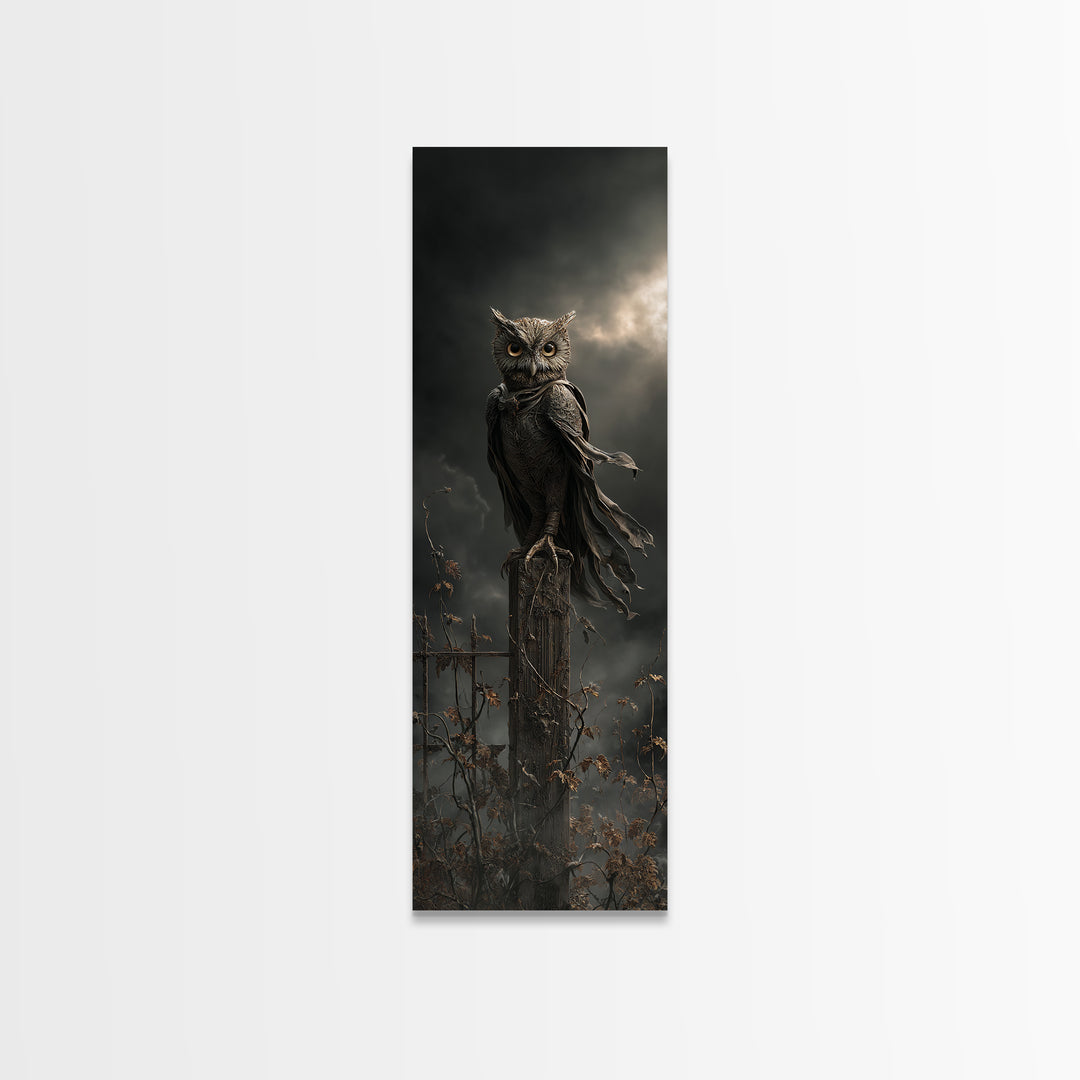 The Owl-Faced Omen, Tall Narrow Wall Art, Haunted Gothic Art, Framed Canvas Print, Halloween Wall Decor, Gothic Home Decor