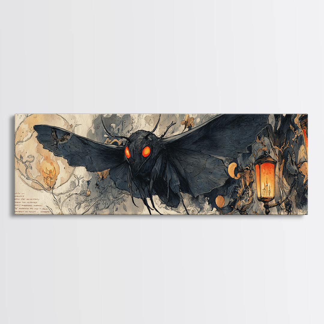 The Red-Eyed Moth Creature, Extra Wide Wall Art, Macabre Wall Art, Framed Canvas Print, Halloween Wall Decor, Gothic Home Decor