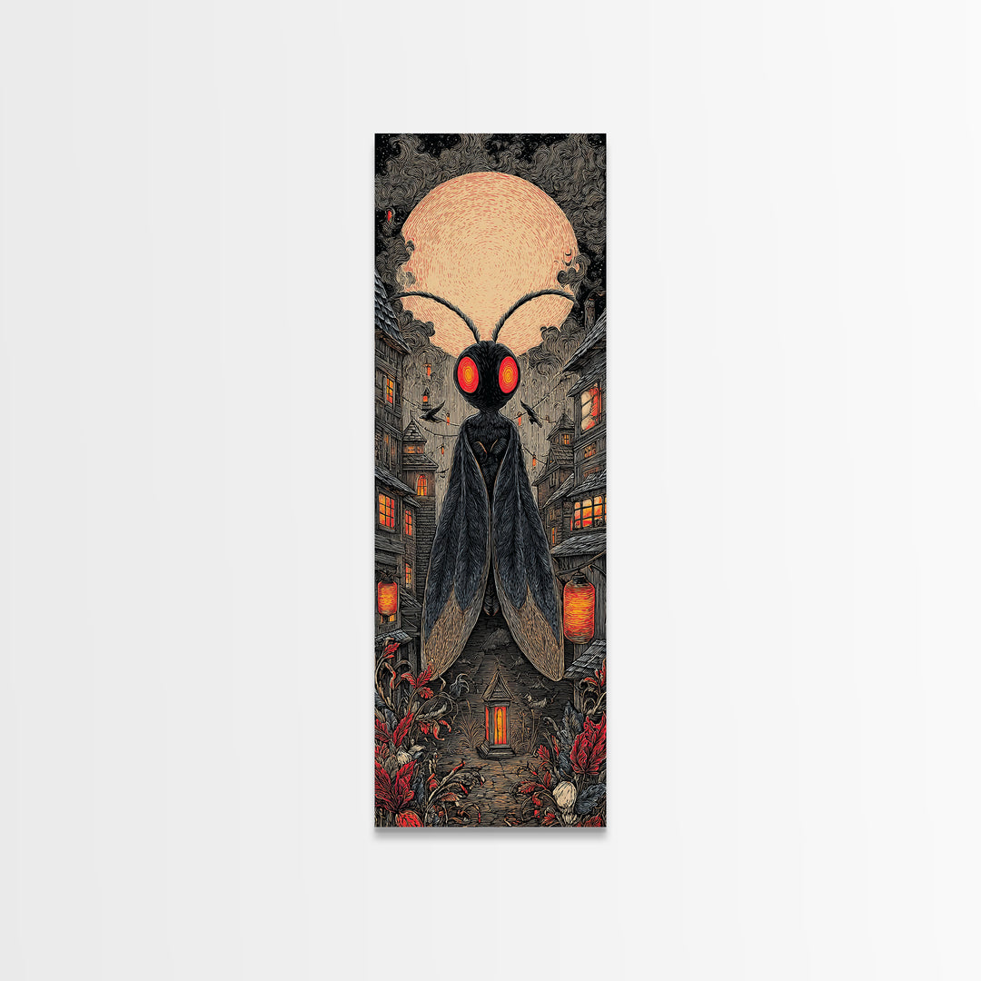 The Red-Eyed Moth Creature, Tall Narrow Wall Art, Spooky Home Decor, Canvas Print, Halloween Wall Decor, Gothic Home Decor